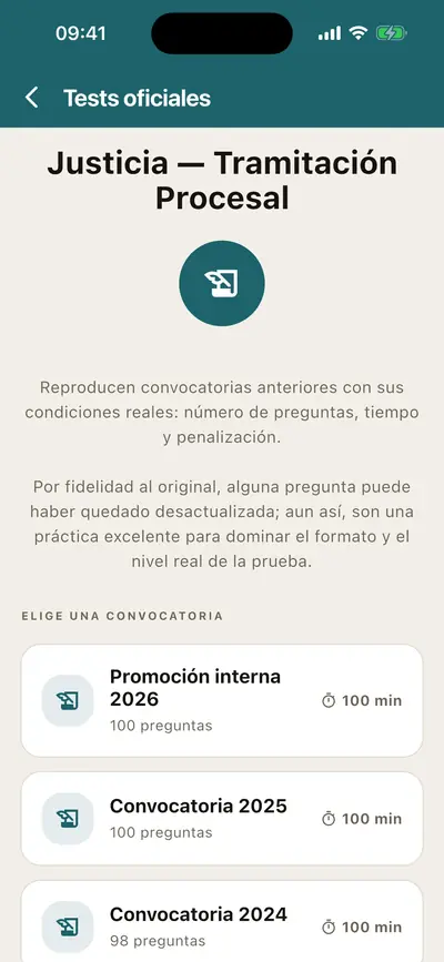 La lista de exámenes de convocatorias anteriores en la app