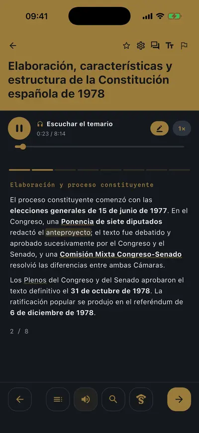 Un tema abierto en el navegador: la tarjeta con el texto, el audio y el índice a la izquierda y los términos de la tarjeta a la derecha
