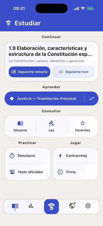 El hub de estudio: continuar donde lo dejaste, glosario y leyes, simulacros y los dos juegos, Contrarreloj y Trivia